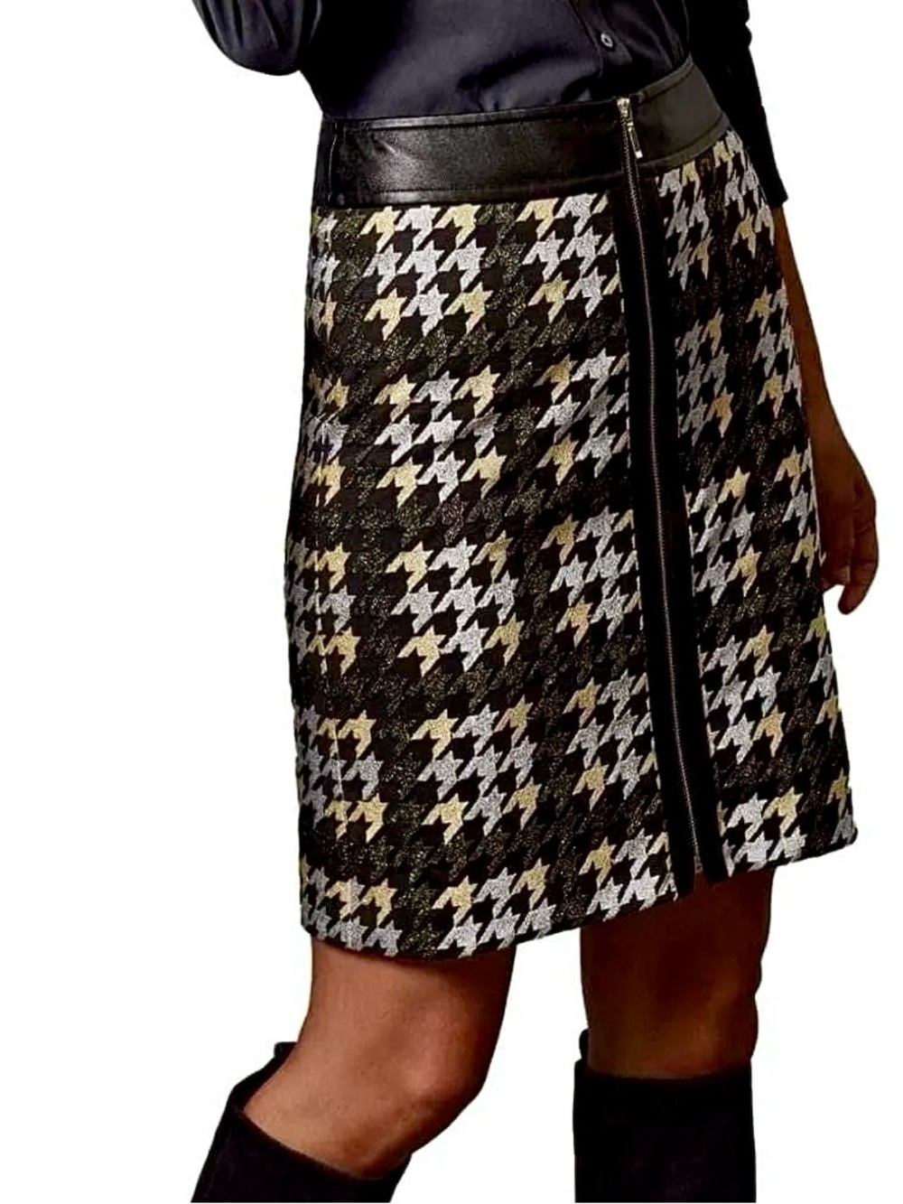 J.McLaughlin metallic houndstooth print gold, silver glam front zip skirt 6
